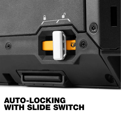 Close-up of StackTech 1 Drawer Tool Box with auto-locking slide switch, part of stackable tool storage chest for easy organization.