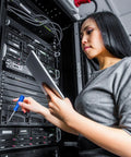 Woman securing equipment in server rack using Hella Sturdy M6 Rack Mount Screws And Cage Nuts With Black Washers Stainless Steel.