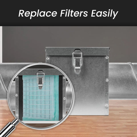 6x6 Replacement Air Filter For 4 Inch Duct Filter Box G3 Class Purifier showing steel frame and pleated design in HVAC setup