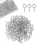 Beefy Heavy Duty Eye Screws Hooks Set 100Pcs 1 Inch Self Tapping Screw Eyes 304 Stainless Steel displayed in pile and case.
