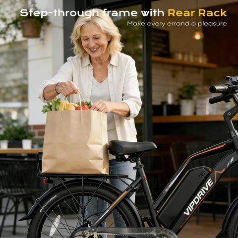 Woman placing groceries on Powerful 1000W Peak Electric Bike For Adults with 48V Battery and rear rack, ideal for city commutes.