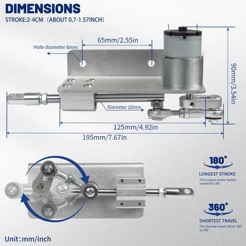 Diagram of Mini Reciprocating Linear Actuator With 2cm To 4cm Stroke DC 24V 66 RPM Handy Adjustable Telescoping Rocker Arm Gear Motor