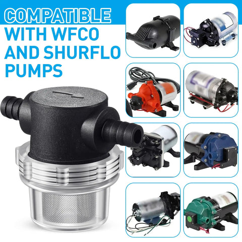Two Pack Water Pump Strainers With Three Eighth Inch Hose Barb Inline Mesh Filter Screen Twist On Plumbing Strainers For RV Sprayers Marine Boats Camper Lawn Care 50 Mesh Stainless Steel compatible with various pumps