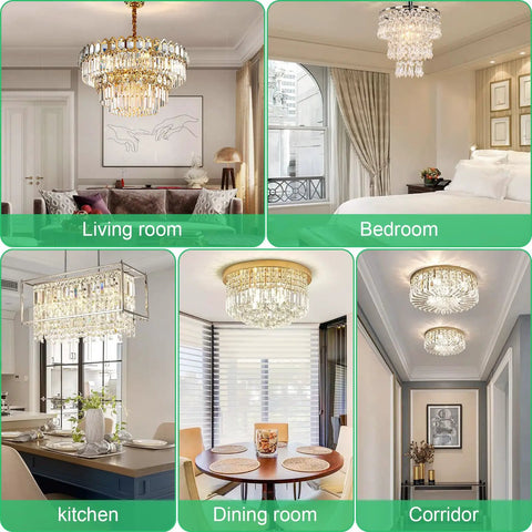 Various rooms with chandeliers, illustrating lighting suitable for living rooms, bedrooms, kitchens, dining rooms, and corridors.