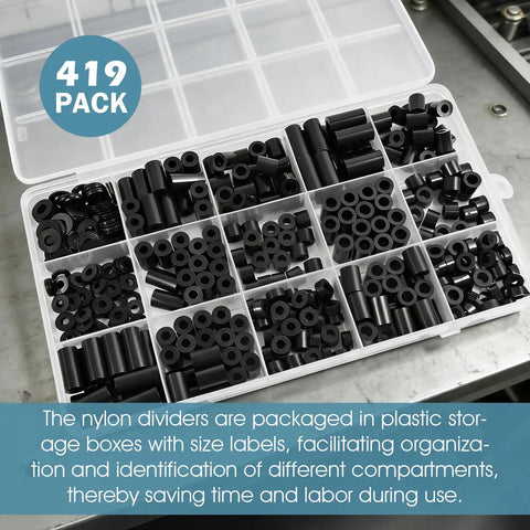 419 pack black nylon spacer kit in plastic storage box for PCB standoffs and electronics mounting non threaded round spacers
