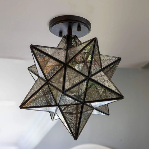 Star Shaped One Light Semi Flush Pendant With Antique Bronze Finish And Mercury Glass Shade Modern Night Sky Vibe Ceiling Light For Living Room Or Bedroom Metal And Glass Fixture With Easy Install