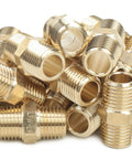 Heavy Duty 1/4 Male NPT Brass Hex Nipple Fitting Bulk Pack Of 600 Lead Free Plumbing Connector Kicks Ass For Water Fuel And Oil Lines Top Shelf Reliability, close-up of brass fittings.