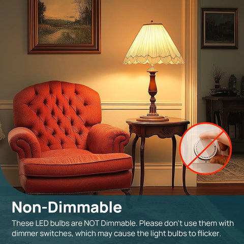 LED A19 Light Bulbs 60W Equivalent 2700K Soft White 800 Lumens 8.5W Non Dimmable shown in living room setting with orange armchair and lamp