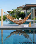 Person relaxing in Portable Camping Hammock With Wooden Spreader Bar, AntiRollover Mesh Design by a pool