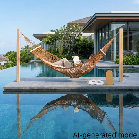 Person relaxing in Portable Camping Hammock With Wooden Spreader Bar, AntiRollover Mesh Design by a pool