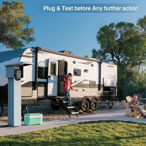 50 Amp RV Circuit Tester With LED Indicator Light, NEMA 14 50P Plug, 125V 6250W Power Check, Verifies Source And Prevents Miswiring, Durable Flame Retardant Shell, Great For Travel And Campsites mounted on RV pedestal