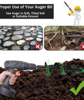 Hand using heavy duty 4 by 16 inch garden auger drill bit for planting on suitable soil, showing proper use with spiral bulb planter tool