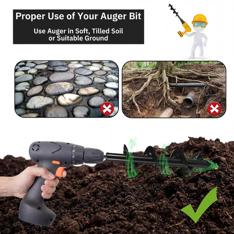 Hand using heavy duty 4 by 16 inch garden auger drill bit for planting on suitable soil, showing proper use with spiral bulb planter tool