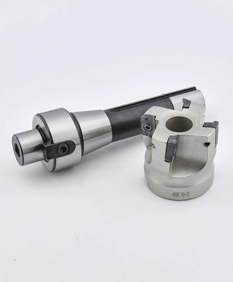 Heavy Duty R8 Face Mill Arbor Kit 2 Inch Shank, 50mm Cutter Head, 7-16 Straight Shank, 400R End Mill Cutter, Includes 4 Carbide Inserts APMT1604 for CNC Milling displayed on white background