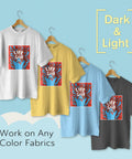 Four t-shirts with designs, using Inkjet Printable Iron On Heat Transfer Paper For Dark Fabrics 20 Sheets 8.5x11 Inches DIY Tees Bags Totes.