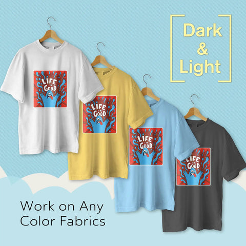 Four t-shirts with designs, using Inkjet Printable Iron On Heat Transfer Paper For Dark Fabrics 20 Sheets 8.5x11 Inches DIY Tees Bags Totes.