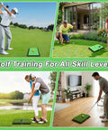Four scenes using the Three In One Golf Practice Mat with Swing Path Feedback in different settings and skill levels.