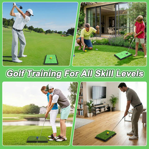 Four scenes using the Three In One Golf Practice Mat with Swing Path Feedback in different settings and skill levels.