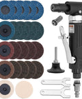 Heavy Duty Right Angle Air Die Grinder Delivers 20K RPM Torque With 22 Pc Roll Lock Sanding Disc Bundle, includes various sanding discs.