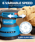 6 Variable Speed Control on Zero Drama 5 Inch Random Orbital Sander for wood and metal projects, 8000-12000 OPM functionality.
