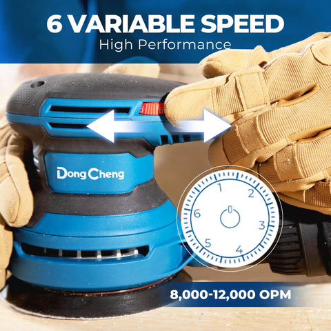 6 Variable Speed Control on Zero Drama 5 Inch Random Orbital Sander for wood and metal projects, 8000-12000 OPM functionality.
