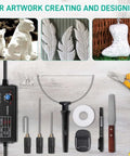 Front view of hot foam cutter kit with digital voltage controller, pen-style cutter, and replacement tips.