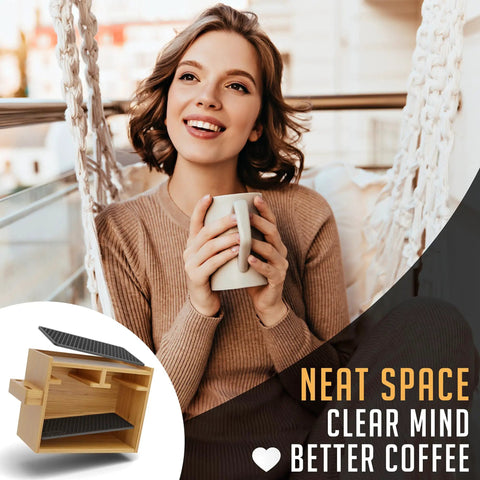Woman enjoying coffee with AeroPress Coffee Organizer Stand Bamboo Caddy For Accessories And Mugs Filter Holder inset.
