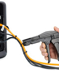 Hand using Zip Tie Gun And Cable Tie Install Tool With Adjustable Tension No Fuss Built In Cutter for cable management on a device.