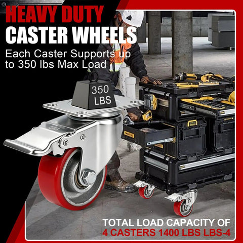 Workhorse Heavy Duty Caster Wheels Set Of 4 With Two Swivel Brakes And Two Rigid Units 3 Inch Polyurethane Tread Easy Rollout Casters for tools with 350 lbs load capacity.