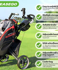 All Terrain 3 Wheel Golf Push Cart With Foldable Design, featuring handle, brake, and storage options on a golf course