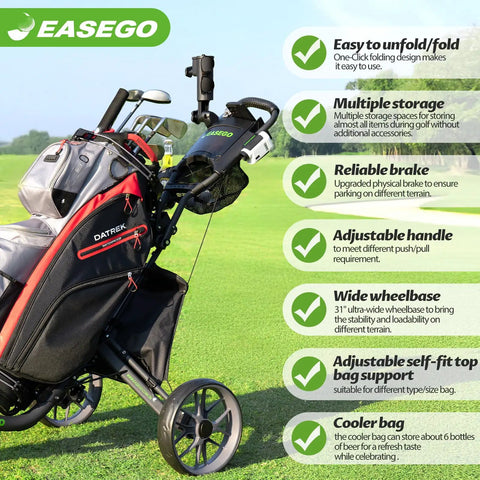 All Terrain 3 Wheel Golf Push Cart With Foldable Design, featuring handle, brake, and storage options on a golf course