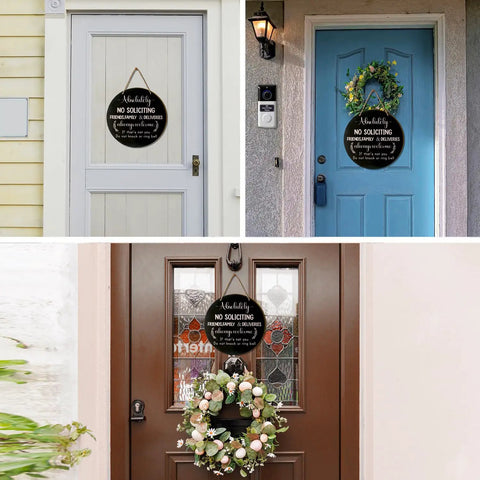 10 Inch Wooden No Soliciting Sign For Front Door With Doorbell Sticker Set on various home doors, ideal for decor