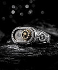 Straight Up Premium Warhammer 40K Adeptus Mechanicus Cipher Of The Machine God Ring For Men Gold Plated 925 Sterling Silver with skull detail.