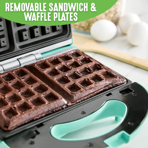 Electric Waffle Maker And Panini Press With Ceramic Nonstick Plates For Grilled Cheese And Tuna Melts, turquoise finish