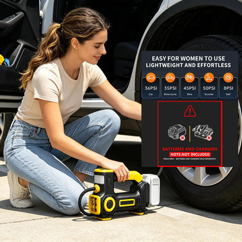Heavy Duty Portable Tire Inflator Air Compressor Compatible With DeWalt 20V Battery. Delivers Quick And Powerful 180 Psi Inflation For Cars, Trucks, Motorcycles. Works With Existing Dewalt Tools. Bare Tool Only, No Battery Included. Super Fast Setup.