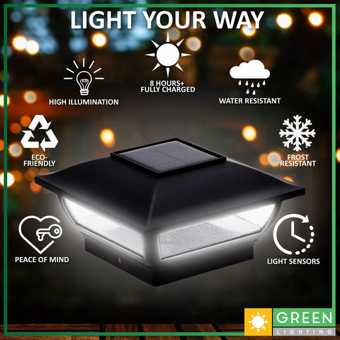 Solar Post Cap Lights For 4x4 Posts, Outdoor Waterproof Deck And Fence Lighting, Black, 6 Inch Cap Lights, features infographic