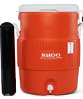10 Gallon Portable Sports Cooler And Beverage Dispenser With Flat Seat Lid in orange with white top and spigot