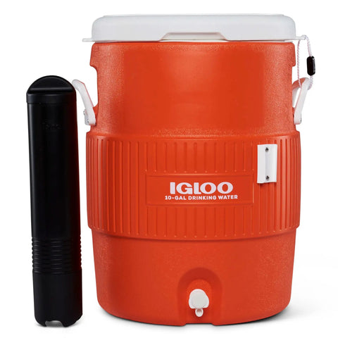 10 Gallon Portable Sports Cooler And Beverage Dispenser With Flat Seat Lid in orange with white top and spigot