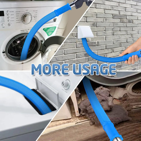 Universal Dryer Lint Cleaning Kit With Flexible Brush And Vacuum Hose Attachment in use on dryer vents, ducts, blue color