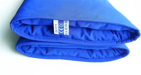 Blue elbow length cryogenic gloves for liquid nitrogen handling, three layer protection with nylon taslan PTFE and cotton, folded view.