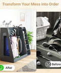 Wooden Golf Bag Organizer With Wheels For Garage And Home Use Holds 3 Golf Bags And Gear Durable Gray Storage Rack for golf equipment organization before and after.