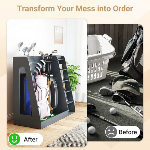 Wooden Golf Bag Organizer With Wheels For Garage And Home Use Holds 3 Golf Bags And Gear Durable Gray Storage Rack for golf equipment organization before and after.