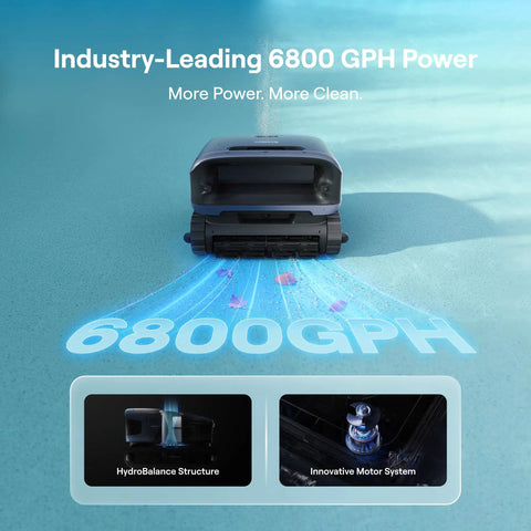 Sora 70 Pool Vacuum Robot With 360 Degree Top To Bottom Cleaning highlighting 6800GPH power in Prussian Blue on pool surface