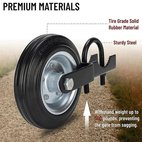 Heavy Duty Fence Gate Wheel With Wrench Tightened U Bolt And Effortless Adjustment System For Yard Or Ranch Projects Rust Resistant Galvanized Steel Structure Built Like A Tank For Seasons Ahead, showcasing a solid rubber tire and sturdy steel attachment.
