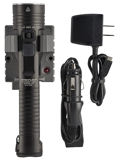 Stinger 2020 2000-Lumen LED Duty Flashlight with Charging Kit, black, multi-mode high-output, with car and wall adapter