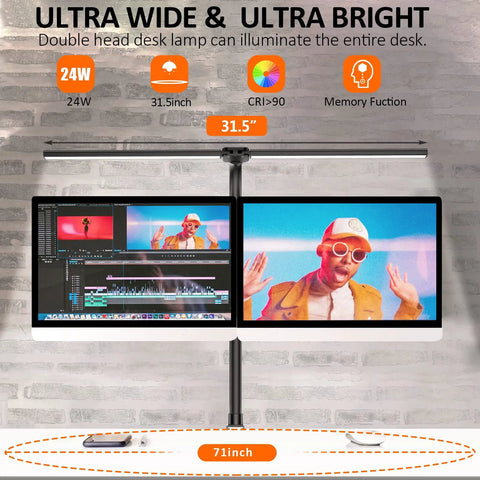 Double Head LED Desk Lamp With 24W Power over dual monitors, extends to 31.5 inches, brightens workbench with 5 color modes.
