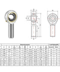 Rod End Bearing 3/4 Inch Bore With 3/4-16 Left Hand Thread Pre Lubricated Spherical Ball Joint Built For Tough Jobs, 45 Steel Body And Hardened Bearing Steel Ball, 29 kN Static And Dynamic Load Capacity. technical drawing with dimensions