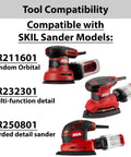 Compatibility chart showing 5 Inch Orbital Sander Hose Adapter For Dust Collection with SKIL SR211601, SR232301, SR250801 sanders.