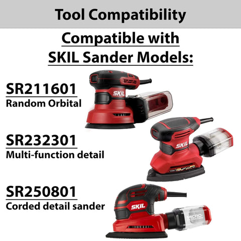 Compatibility chart showing 5 Inch Orbital Sander Hose Adapter For Dust Collection with SKIL SR211601, SR232301, SR250801 sanders.