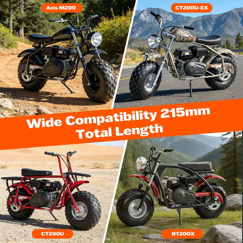Four different minibike models showcasing wide compatibility with 215mm total length for various terrains.